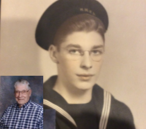 A side by side of George and a younger version of himself in uniform