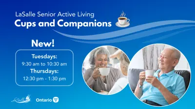 Blue poster promoting a senior social program with photos of people enjoying coffee.