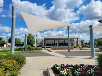 Decorative sail shades outside the Town of LaSalle Civic Centre.