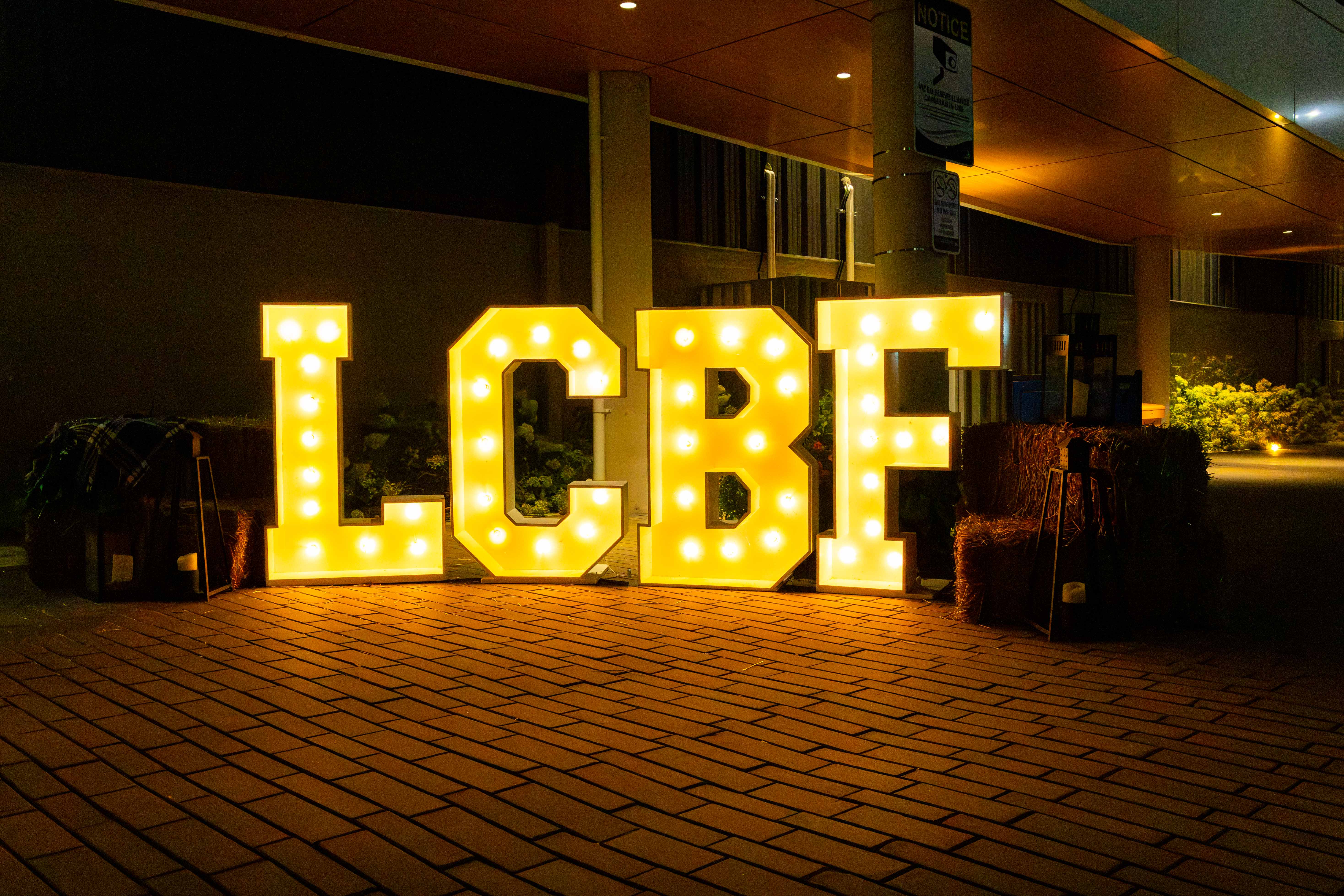 LCBF Letters with lights outside Event Centre.