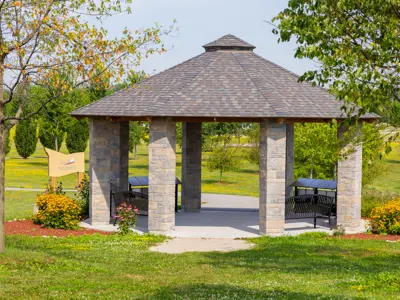 Stone gazebo in Healing Hearts Forest.