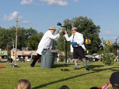 Outdoor science experiment demonstration.