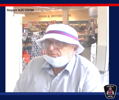 Male with white hat, glasses, surgical mask, blue button up shirt