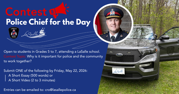 Picture of a police cruiser and Chief Pearce, information on contest details